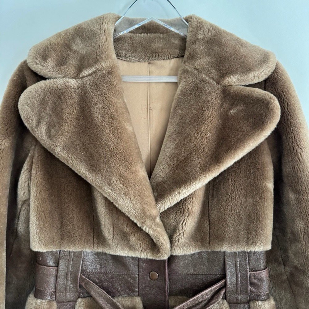 Borgana Fairmoor Vintage Faux Fur Faux Suede Belted Coat Small Mob Wife Gangster - Picture 2 of 13